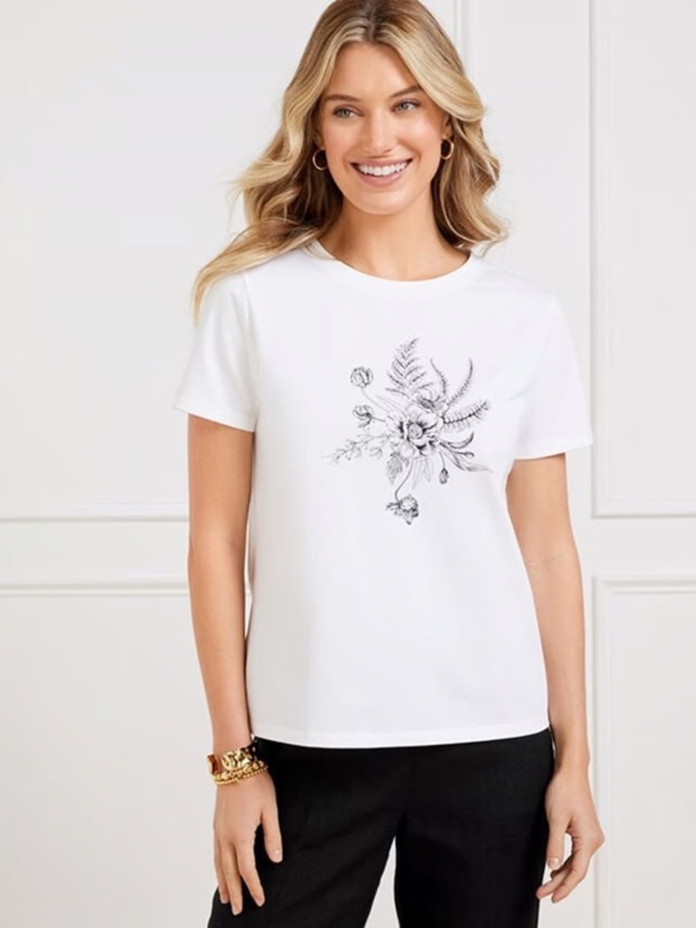 Talbots Crewneck Tee White & Black Floral Size Medium Petite